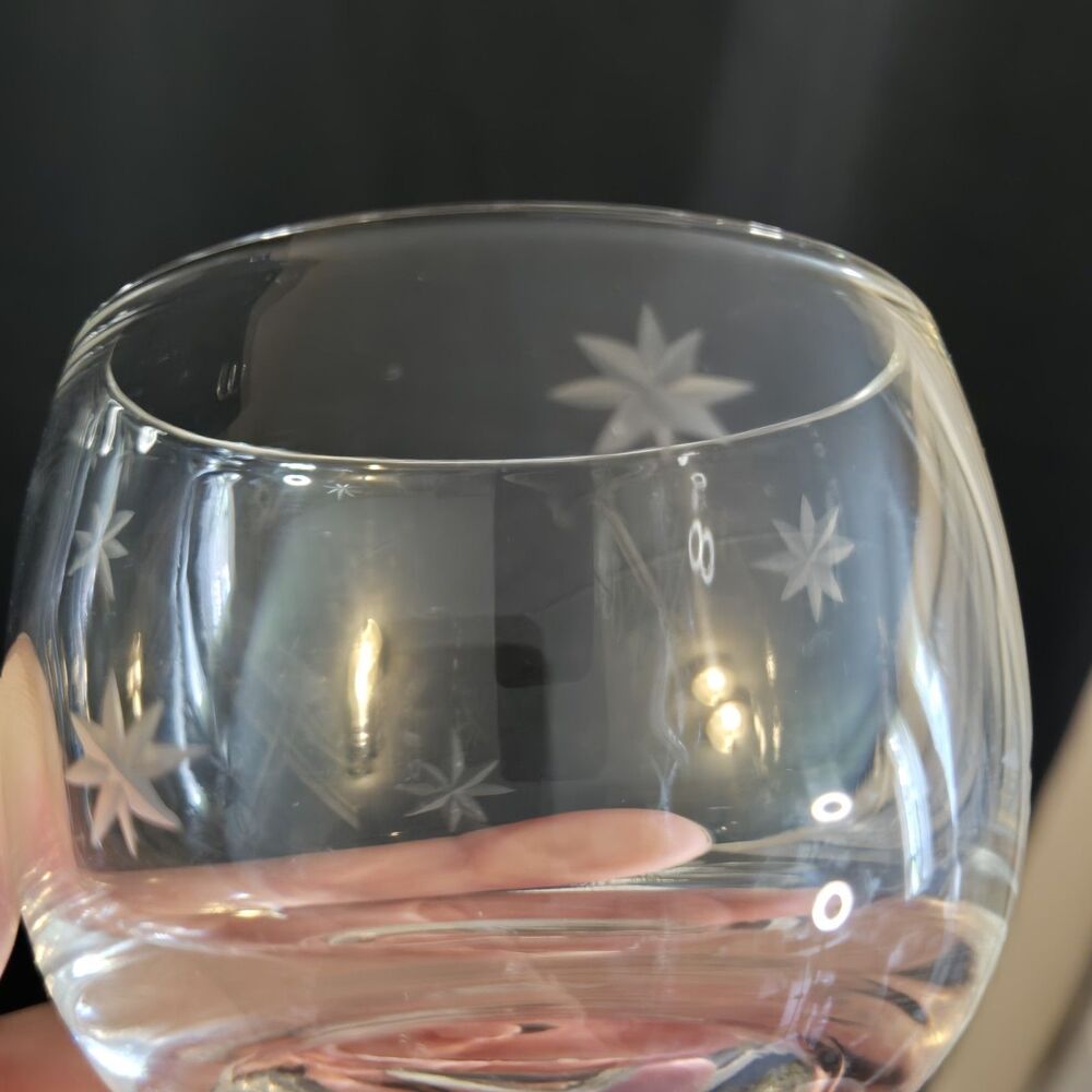 5 Vtg MCM Atomic Starburst Stemless Punch Wine Round Cordial Etched Glasses 2.75